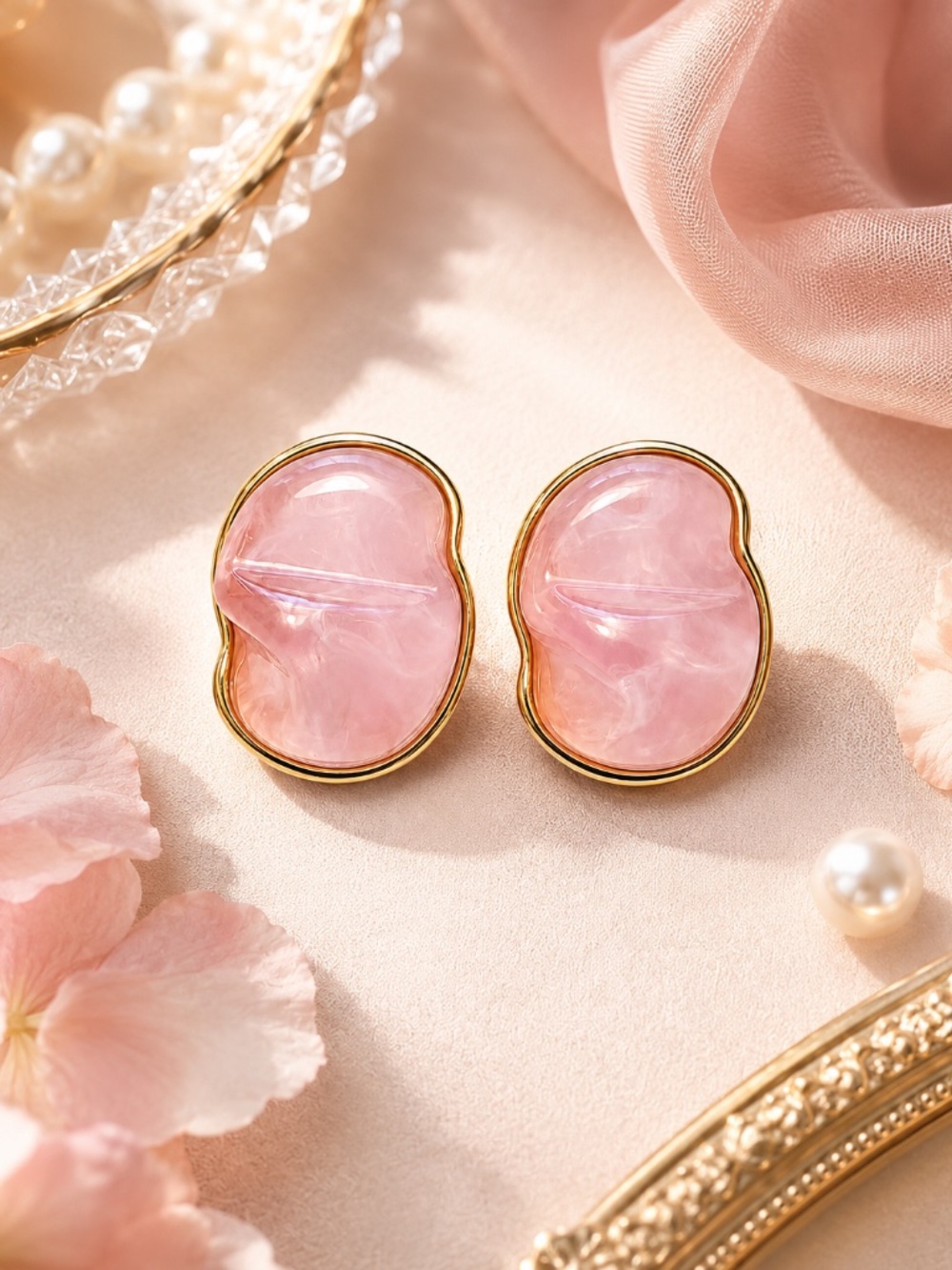Chunky Stud Resin Earrings. Soft Pink Summer Jewelry. Gold Plated. Gift For Her